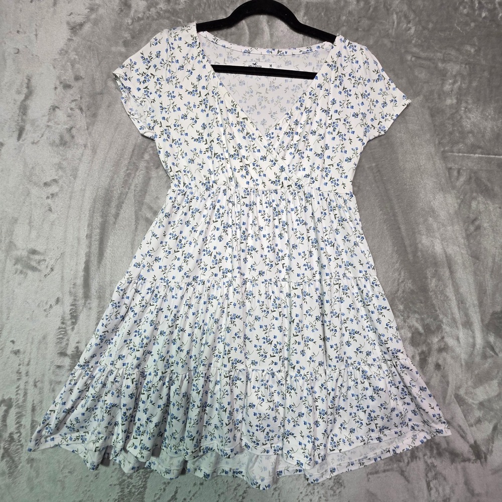 Hollister Girls White Blue Floral Tiered Mini Dress Short Sleeve V-Neck Size M
